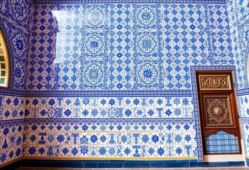 Intricate blue and white majolica tilework adorns Tash Hauli Palace walls, Uzbekistan, palace