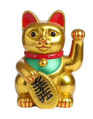 Golden lucky cat statue isolated on transparent background