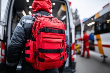 Fototapeta premium Paramedic with red backpack preparing for emergency response near ambulance vehicle
