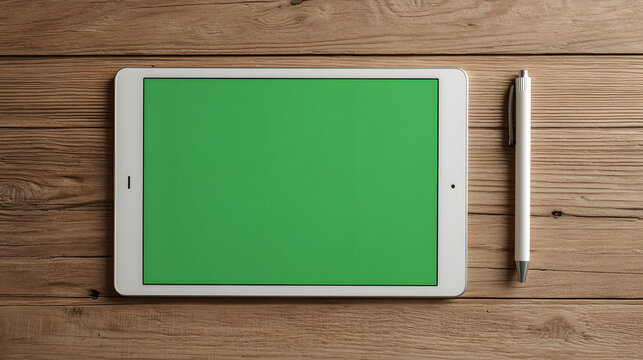 Flat lay of digital tablet with green screen placed on wooden surface, ideal for design presentations, UI mockups, or digital product advertisements.