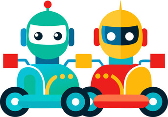 Friendly robot friends racing go-karts, colourful vector design with white background.