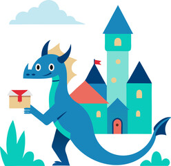 Friendly dragon delivering letters in a fantasy town, vector art with white background.