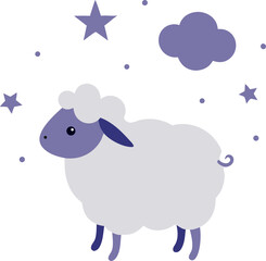 Magical sheep counting stars in a night sky, pastel vector design with white background.