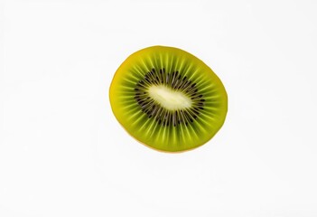 A single kiwi fruit floats in mid-air against a pure white backdrop,  still life,  background
