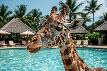 Giraffe relaxing by the pool in sunglasses