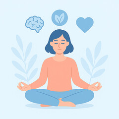 Flat vector illustration of a person meditating with icons of brain, heart, and leaves symbolizing mindfulness and emotional well-being