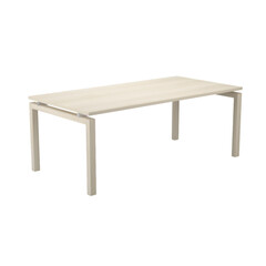 A rectangular light wood table with a minimalist design perfect for dining rooms or offices offering a clean and modern aesthetic