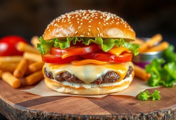 Juicy burger on sesame bun, lettuce, tomato, melted cheese, wooden board, patty, juicy