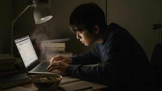 Student Study Session with Ramen, Laptop, and Messy Notes &ndash; Late Night Focus