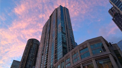 Modern cityscape at dawn or dusk with towering skyscrapers, reflective glass facade, cylindrical building, traditional architecture, and a gradient sky of blue, pink, and purple hues.