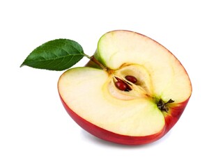 red apple cut in half with green leaf isolated on white background