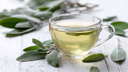 Fresh sage tea in minimalist clear cup 