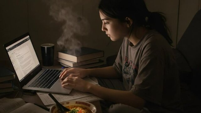 Student Study Session with Ramen, Laptop, and Messy Notes &ndash; Late Night Focus