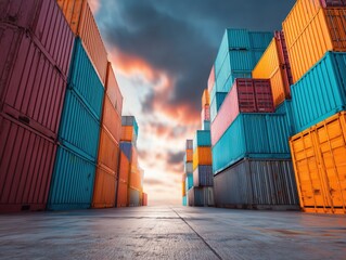 Fototapeta premium colorful cargo containers stacked in a front view on the dock for global container transportation and business concept
