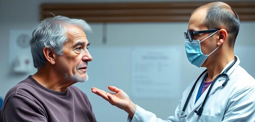 Mature individual describing skin issue to healthcare professional in dermatology setting, background, medical
