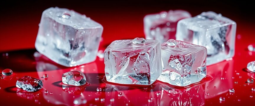 Melting ice cubes, water droplets on glossy red surface, dramatic lighting, copy space, image, red surface - Powered by Adobe