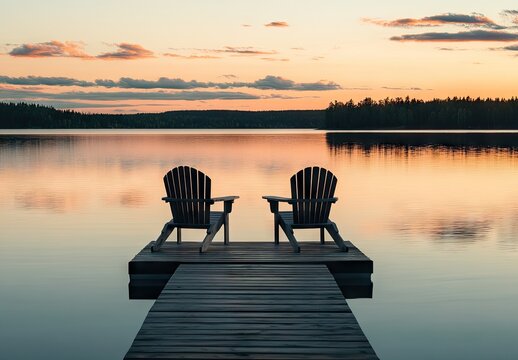 Two Adirondack chairs on a wooden dock at sunset over a lake