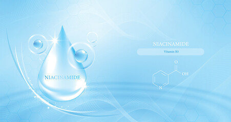 Bright blue serum drop with niacinamide molecule, glowing hydration bubbles, skincare essence concept, realistic cosmetic ad design, anti-aging beauty background for facial treatment products.