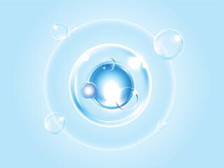 Realistic transparent soap bubbles with light reflections on a soft blue background. Perfect for skincare, cleaning, cosmetic, or freshness concepts in advertising and design.