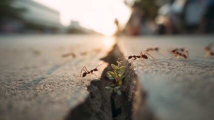 Fototapeta premium Close-up of ants crossing a pavement crack with small plant at sunset