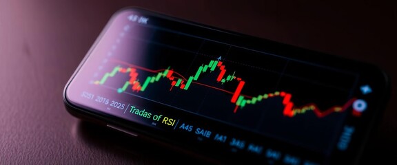 Mobile phone displaying stock chart with moving averages and RSI, indicators, financial market