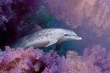 Obraz premium Dolphin Swimming Through Colorful Pastel Background and Oil Smudges