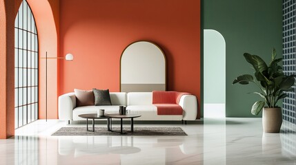 Stylish interior white sofa, arched openings, warm orange/green walls, marble floor, plant