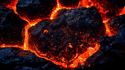 Glowing Coal Formation -  A close-up of a striking geological formation of coal. Layers of deep charcoal meet vibrant shades of orange, revealing the intense heat and pressure that formed it.