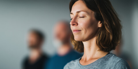 Calm woman meditating with closed eyes in peaceful group session, relaxation and mindfulness practice