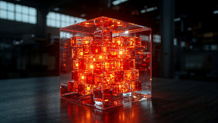 Glowing glass cube radiating warm light in abstract setting