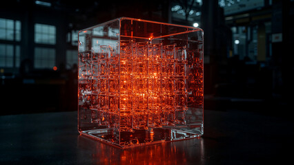 Glowing glass cube with warm light in abstract setting