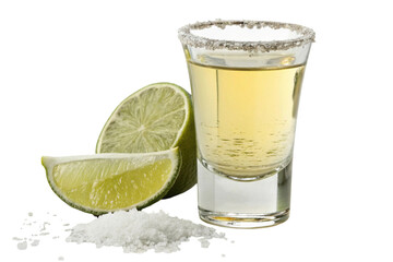 Tequila shot with lime and salt isolated on transparent background