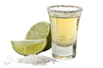 Tequila shot with lime and salt isolated on transparent background