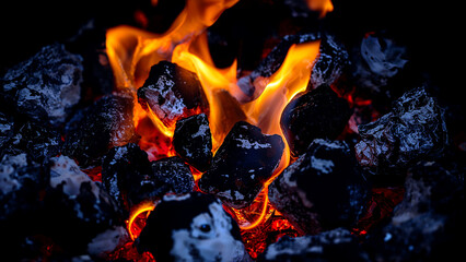 Glowing flames amidst textured charcoal background