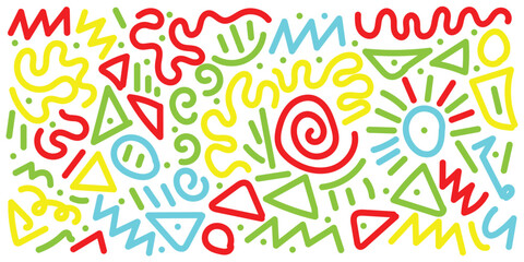 Fun colorful line doodle seamless pattern. Creative minimalist style art background for children or trendy design with basic shapes. Simple childish scribble backdrop. Vector stock background in eps10