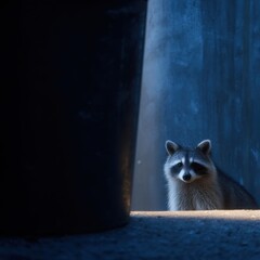 Obraz premium Raccoon Peeking from Behind Trash Can in Soft Evening Light