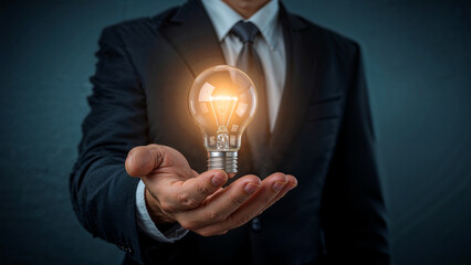Glowing lightbulb represents innovation in businessman's hand
