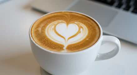 A latte with heart-shaped latte art sits on a table beside a laptop.