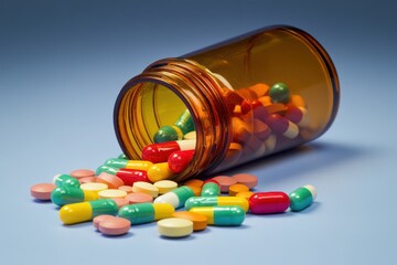 Assorted pills spilling from a brown bottle
