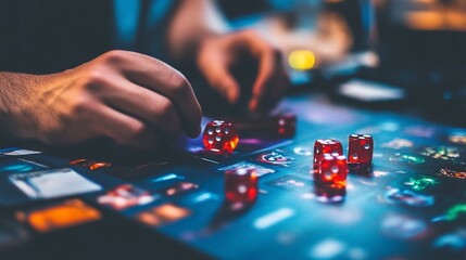 Hands arranging red dice on a colorful board game, focused and competitive, against a blurred background