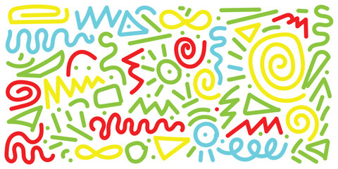 Fun colorful line doodle seamless pattern. Creative minimalist style art background for children or trendy design with basic shapes. Simple childish scribble backdrop. Vector stock background in eps10