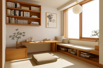 Modern Korean minimalist study room with daylight and floor seating