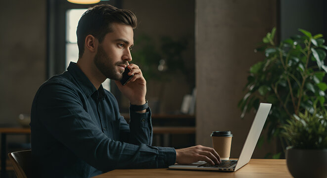 Focused businessman multitasking with laptop and phone in a modern workspace