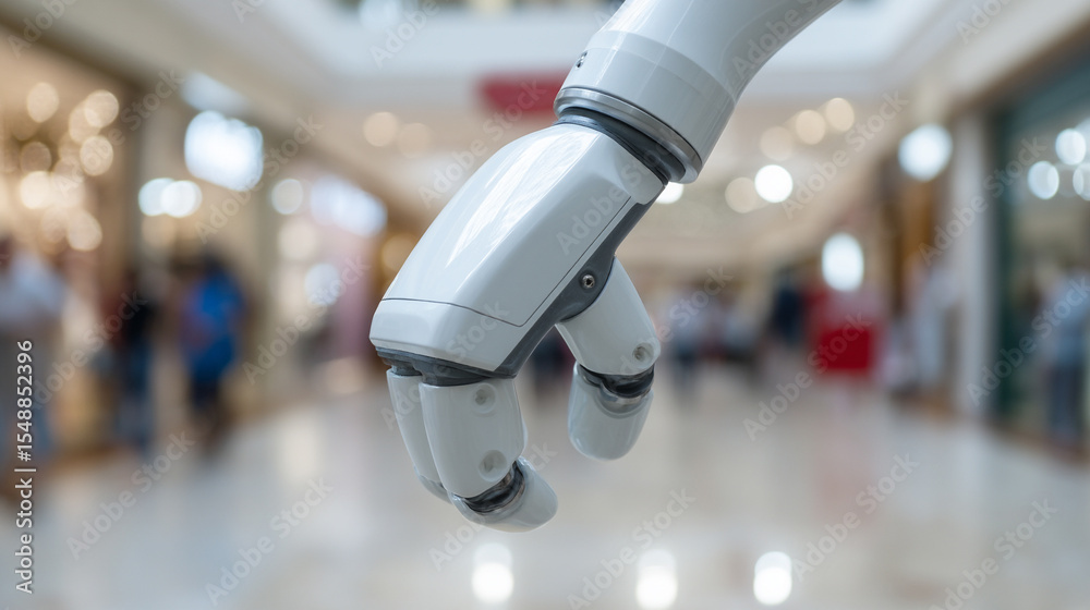 Poster robotic arm cleaning surface shopping mall technology automation futuristic white efficient busy env