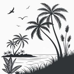 Monochromatic Serenity A Coastal Silhouette of Palm Trees, Seagulls and Tropical Flora Embracing Tranquility and Simplicity with an Elegant and Timeless Artistic Aesthetic