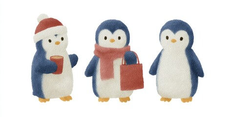 Fototapeta premium Three cute cartoon penguins in winter attire with hat scarf mug bag