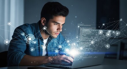 Caucasian man, programmer working on laptop, digital network overlay. Cyber security, data protection and hacking concept.
