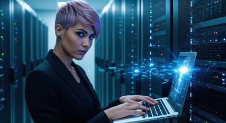 Woman hacker with laptop, cyber attack concept. Female cybersecurity specialist using computer in a data center.