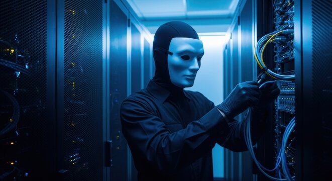 Man wearing a mask tampering with server cables in a dark data center, symbolizing cyber attack and security breach.