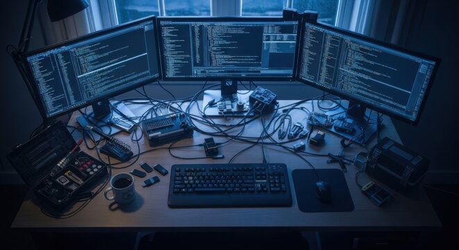 Hacker workspace with multiple monitors displaying programming code and cyber security tools. Dark web attack prevention setup.